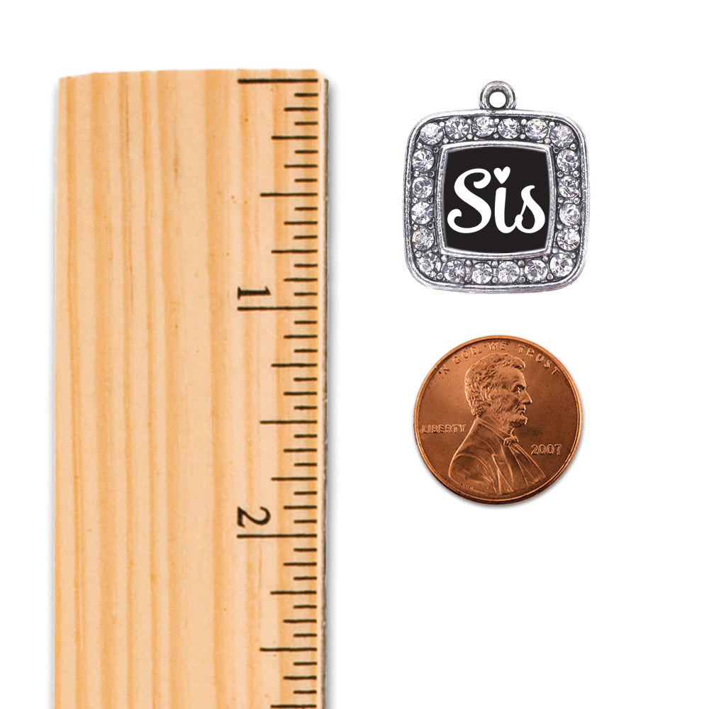 Silver Sis Square Charm Dangle Earrings