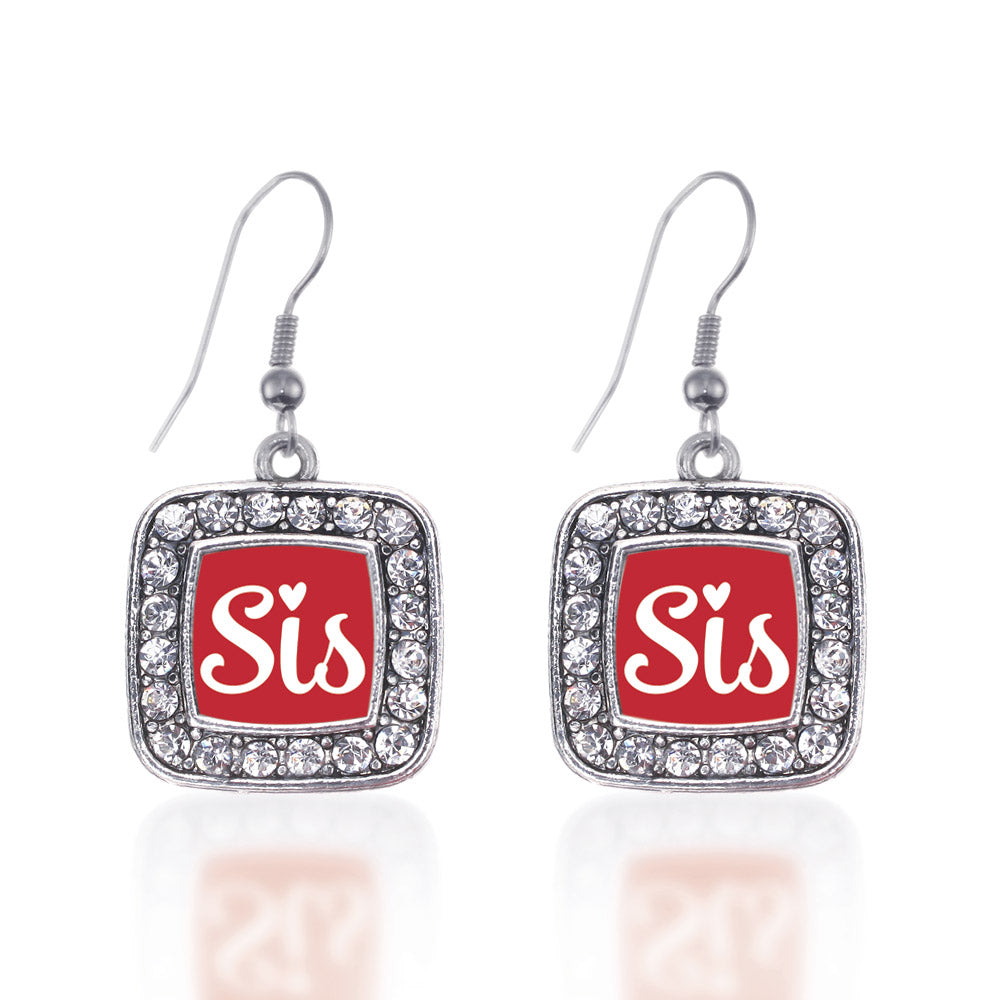 Silver Sis Red Script Square Charm Dangle Earrings