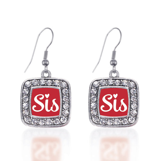 Silver Sis Red Script Square Charm Dangle Earrings