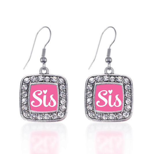 Silver Sis Pink Script Square Charm Dangle Earrings