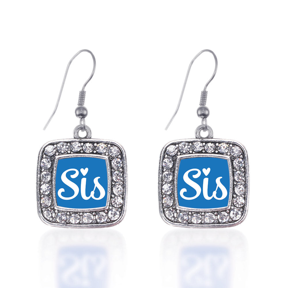 Silver Sis Blue Script Square Charm Dangle Earrings
