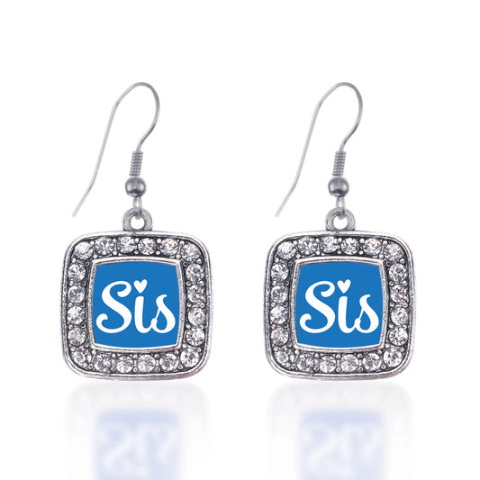 Silver Sis Blue Script Square Charm Dangle Earrings