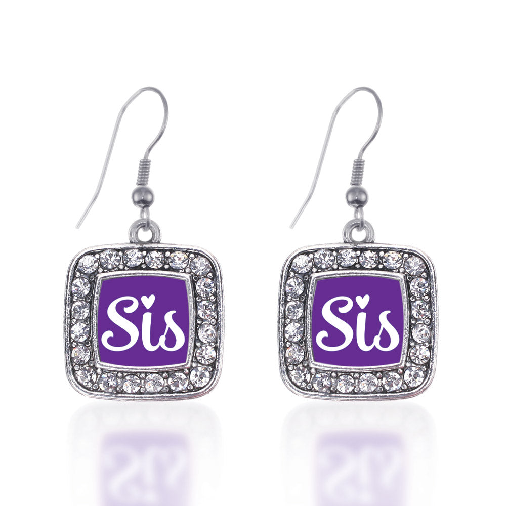 Silver Sis Purple Script Square Charm Dangle Earrings