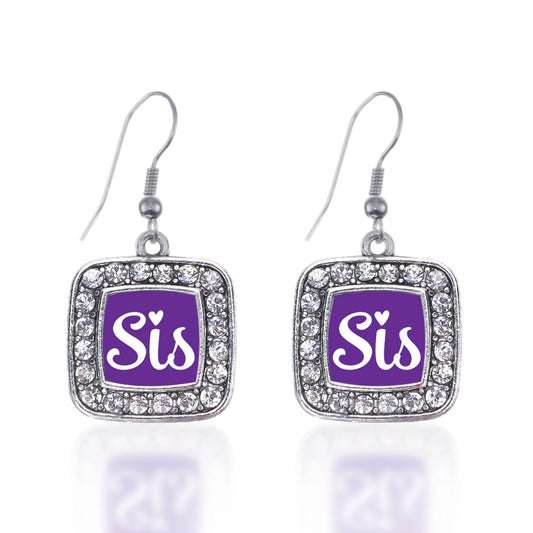 Silver Sis Purple Script Square Charm Dangle Earrings