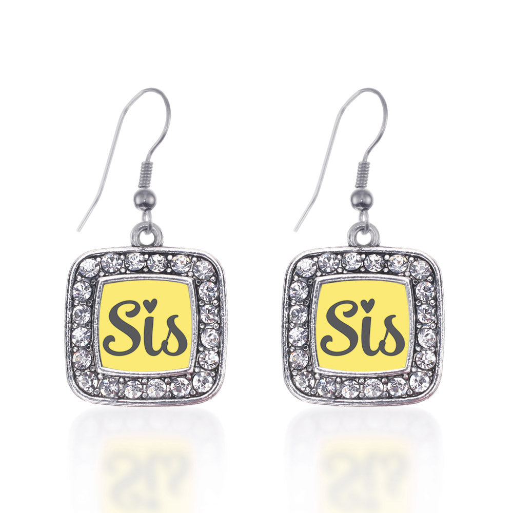 Silver Sis Yellow Script Square Charm Dangle Earrings