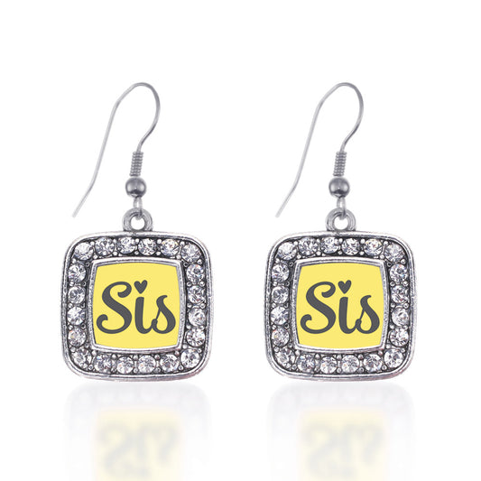 Silver Sis Yellow Script Square Charm Dangle Earrings