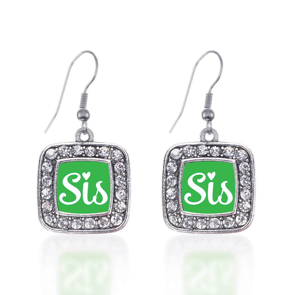 Silver Sis Green Script Square Charm Dangle Earrings