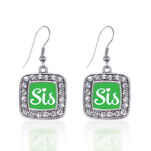 Silver Sis Green Script Square Charm Dangle Earrings