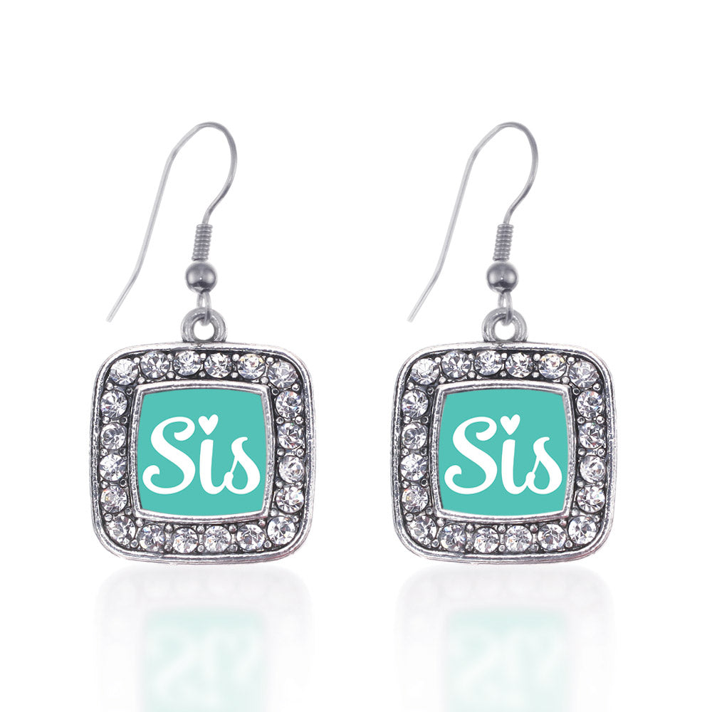 Silver Sis Teal Script Square Charm Dangle Earrings