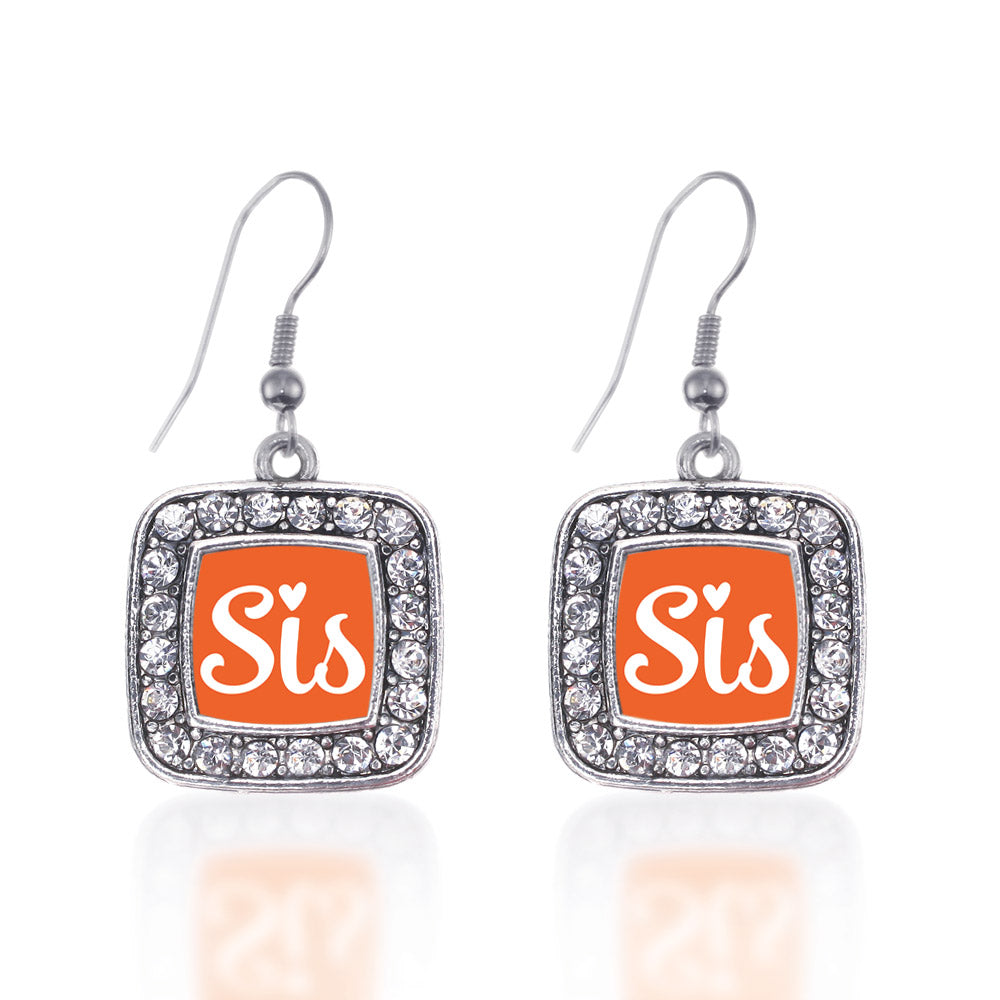 Silver Sis Orange Script Square Charm Dangle Earrings
