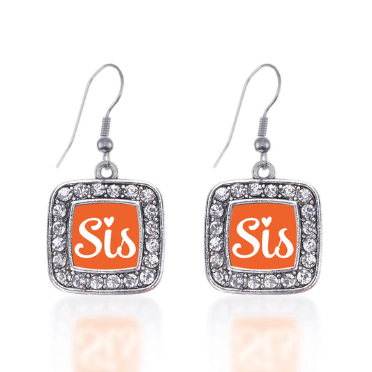 Silver Sis Orange Script Square Charm Dangle Earrings
