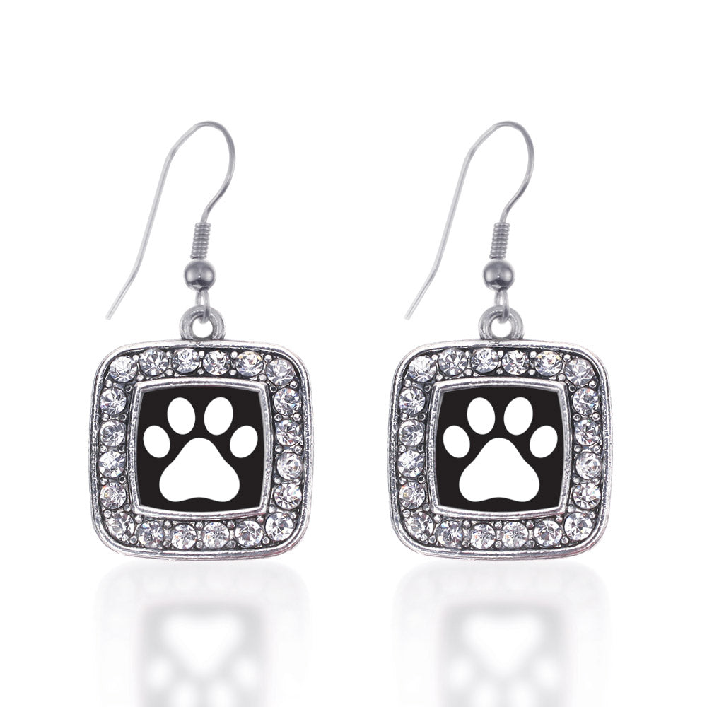 Silver Black and White Paw Print Square Charm Dangle Earrings