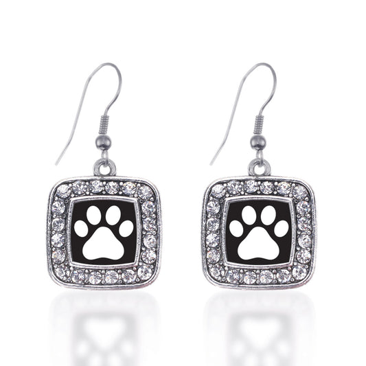 Silver Black and White Paw Print Square Charm Dangle Earrings