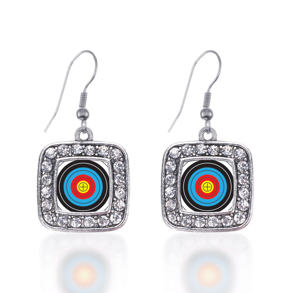 Silver Archery Bullseye Square Charm Dangle Earrings