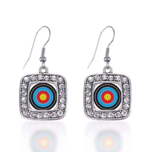 Silver Archery Bullseye Square Charm Dangle Earrings