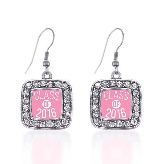 Silver Pink Class of 2016 Square Charm Dangle Earrings