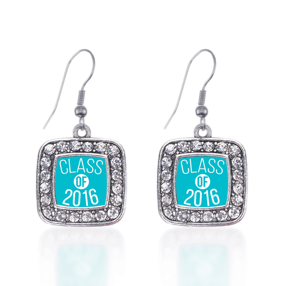 Silver Teal Class of 2016 Square Charm Dangle Earrings