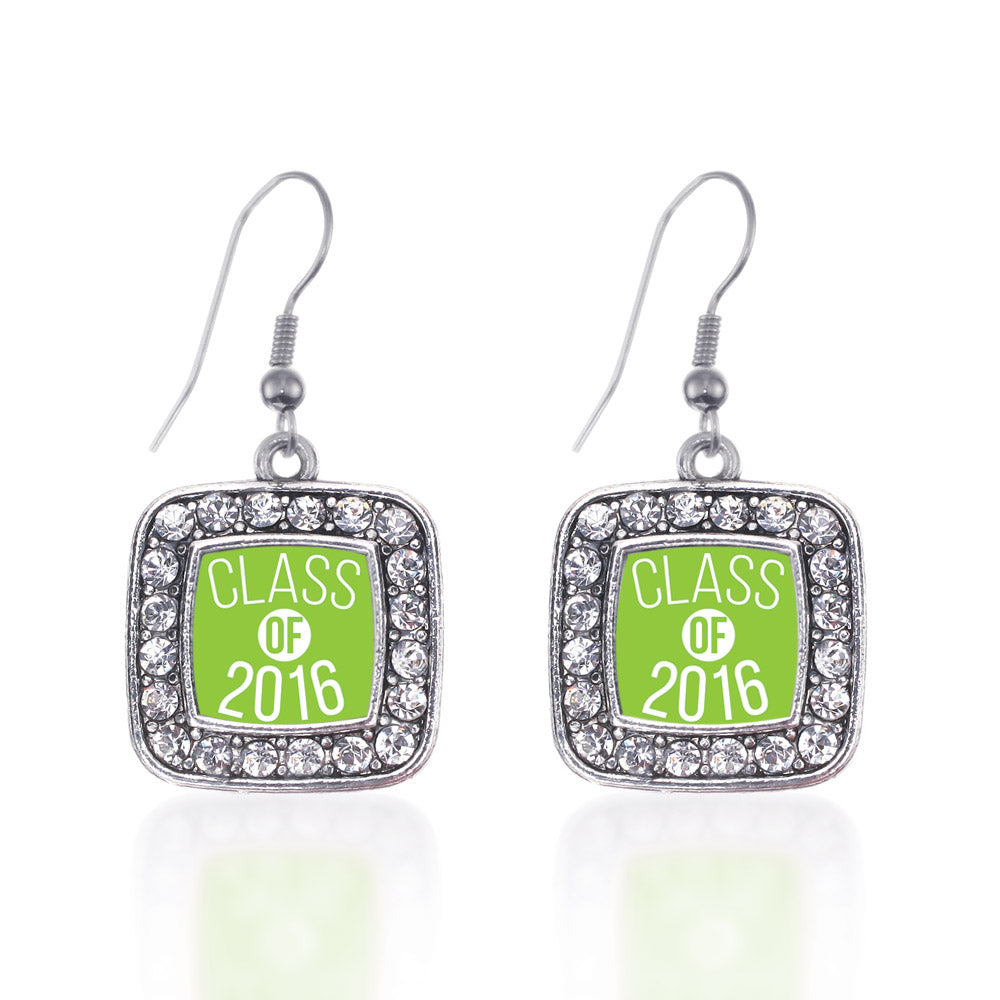 Silver Lime Green Class of 2016 Square Charm Dangle Earrings