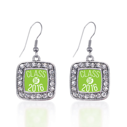 Silver Lime Green Class of 2016 Square Charm Dangle Earrings