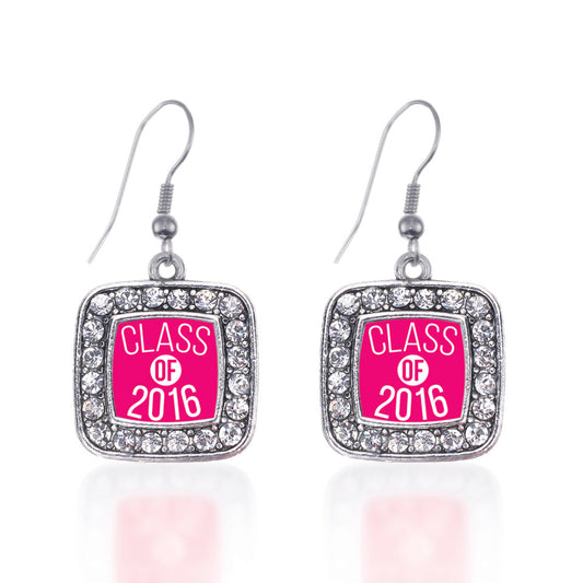 Silver Fuchsia Class of 2016 Square Charm Dangle Earrings