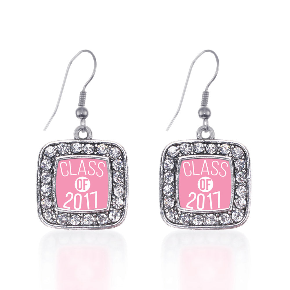 Silver Pink Class of 2017 Square Charm Dangle Earrings
