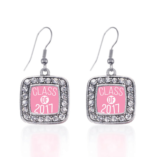 Silver Pink Class of 2017 Square Charm Dangle Earrings