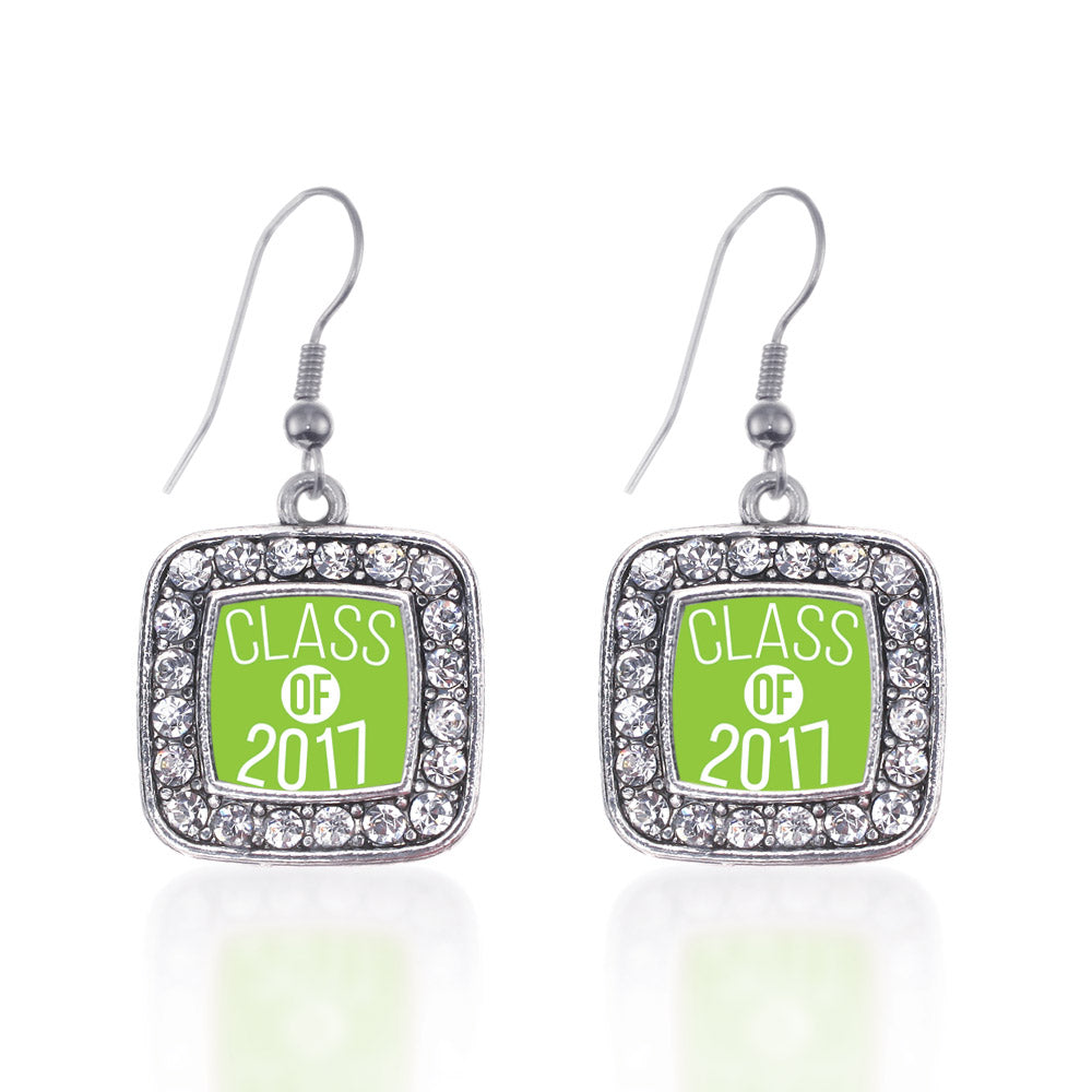 Silver Lime Green Class of 2017 Square Charm Dangle Earrings