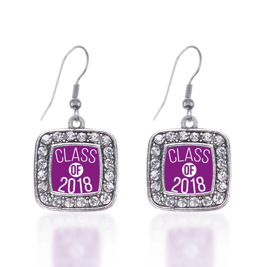 Silver Purple Class of 2018 Square Charm Dangle Earrings