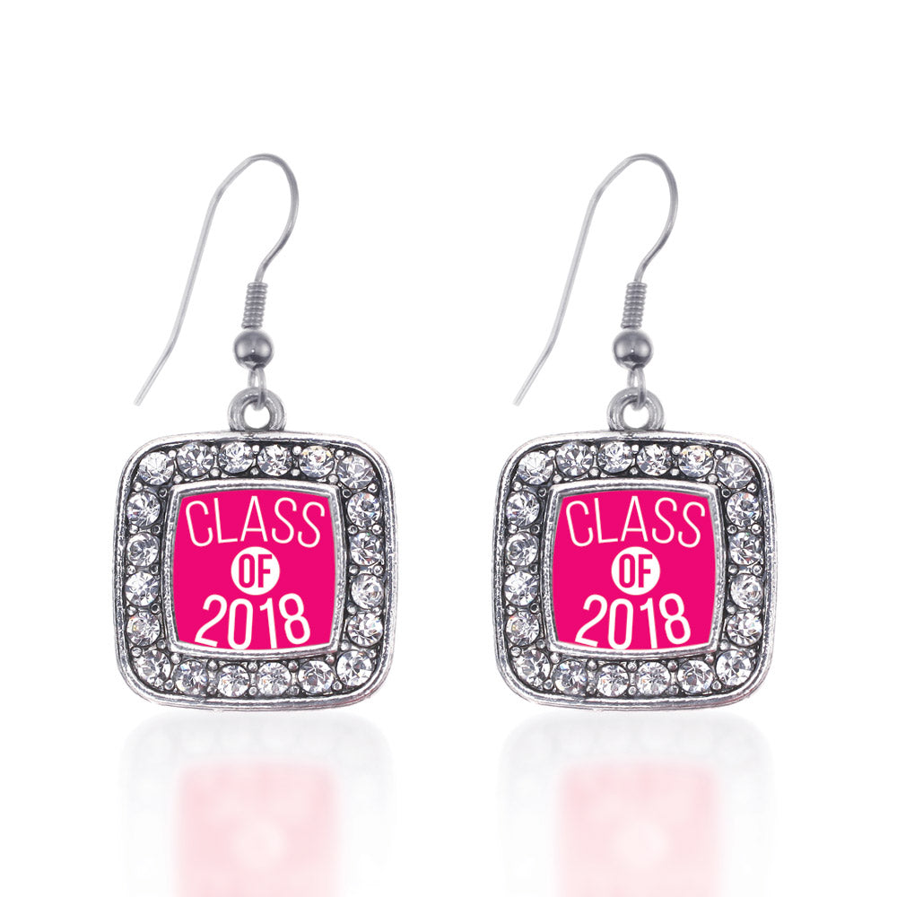Silver Fuchsia Class of 2018 Square Charm Dangle Earrings