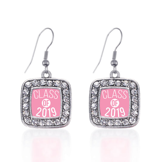 Silver Pink Class of 2019 Square Charm Dangle Earrings