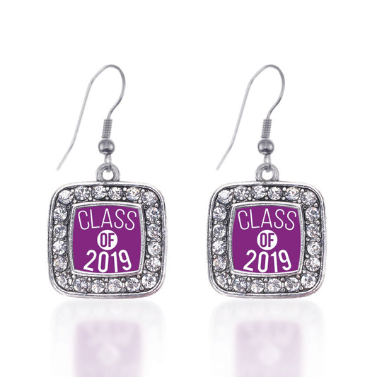 Silver Purple Class of 2019 Square Charm Dangle Earrings