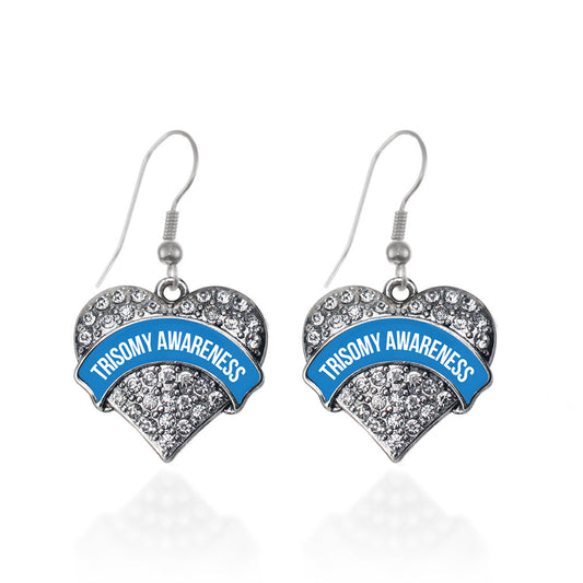 Silver Trisomy Awareness Pave Heart Charm Dangle Earrings