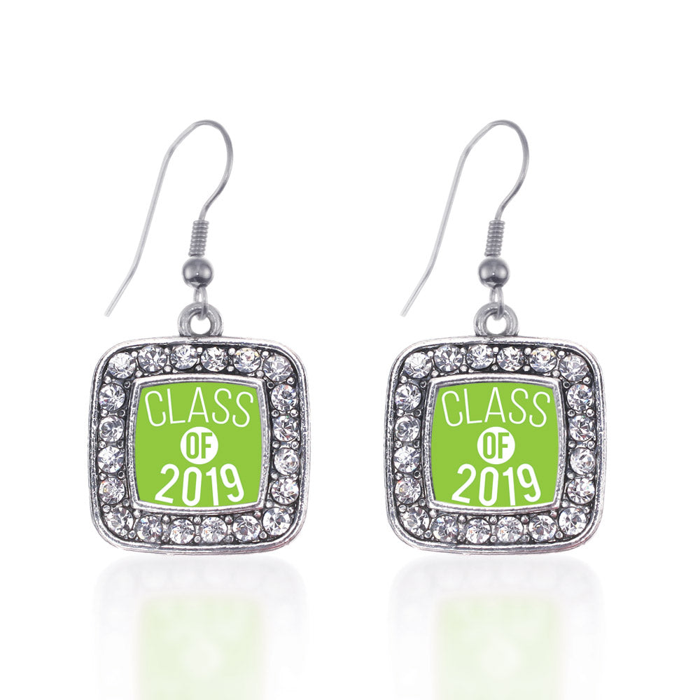 Silver Lime Green Class of 2019 Square Charm Dangle Earrings