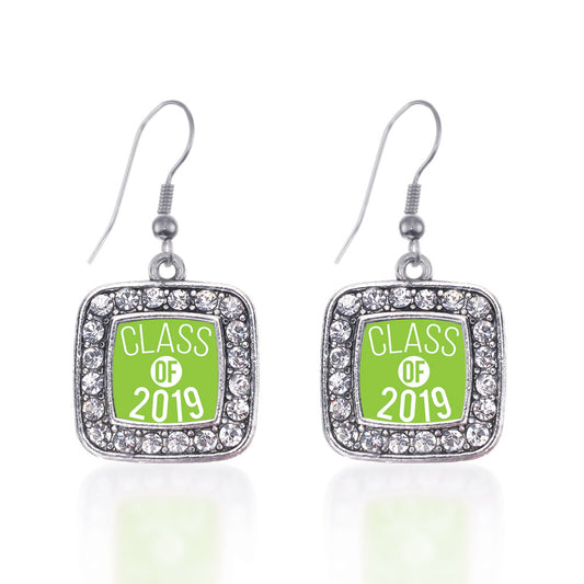 Silver Lime Green Class of 2019 Square Charm Dangle Earrings