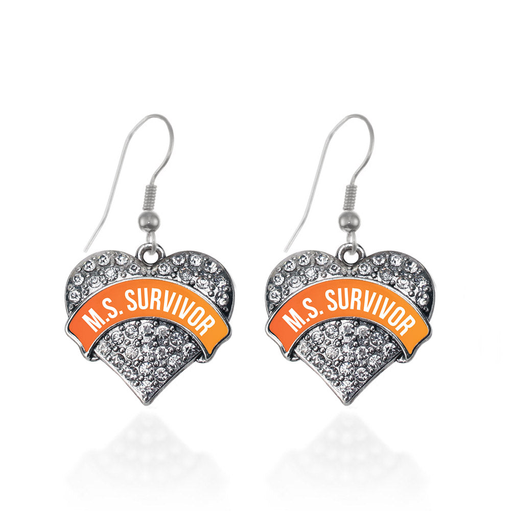 Silver M.S. SURVIVOR Pave Heart Charm Dangle Earrings