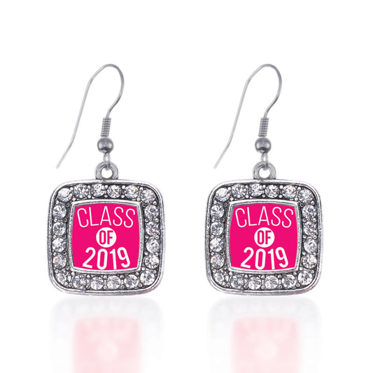 Silver Fuchsia Class of 2019 Square Charm Dangle Earrings