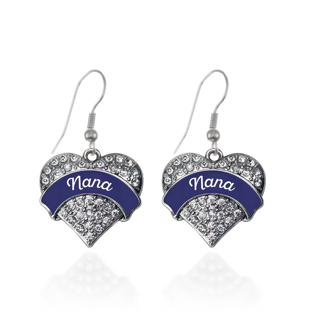 Silver Navy Blue Nana Pave Heart Charm Dangle Earrings