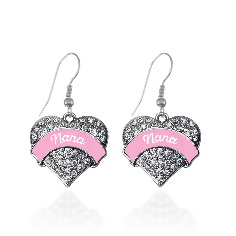 Silver Pink Nana Pave Heart Charm Dangle Earrings