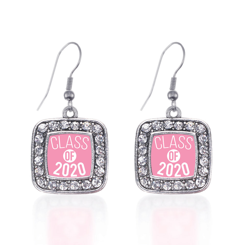 Silver Pink Class of 2020 Square Charm Dangle Earrings