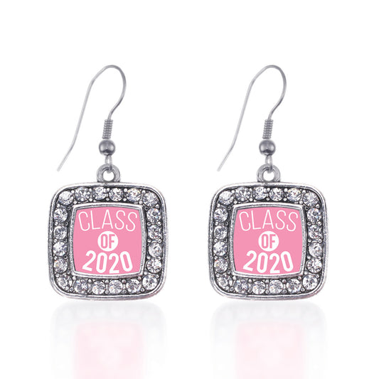 Silver Pink Class of 2020 Square Charm Dangle Earrings