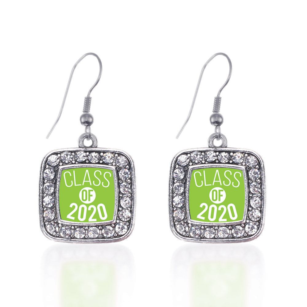 Silver Lime Green Class of 2020 Square Charm Dangle Earrings
