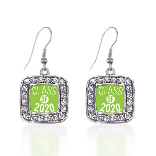 Silver Lime Green Class of 2020 Square Charm Dangle Earrings