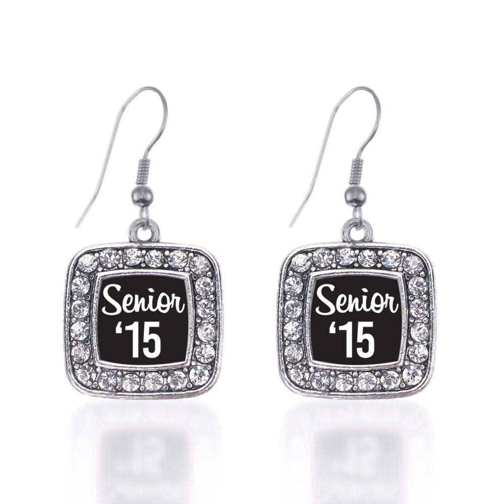 Silver Senior '15 Square Charm Dangle Earrings