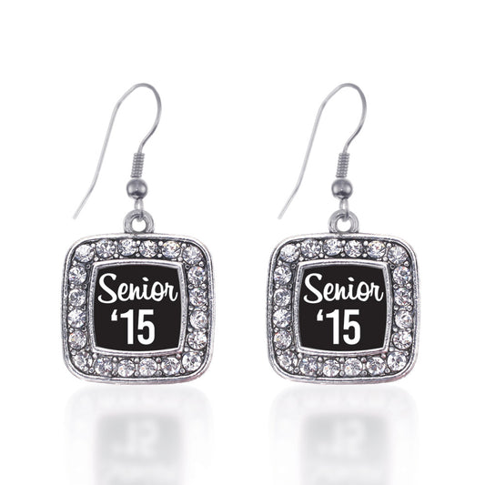 Silver Senior '15 Square Charm Dangle Earrings