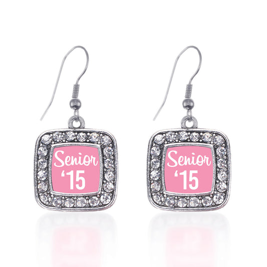 Silver Pink Senior '15 Square Charm Dangle Earrings