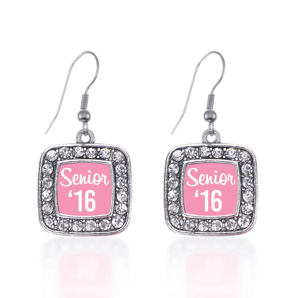 Silver Pink Senior '16 Square Charm Dangle Earrings