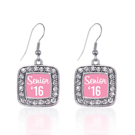 Silver Pink Senior '16 Square Charm Dangle Earrings