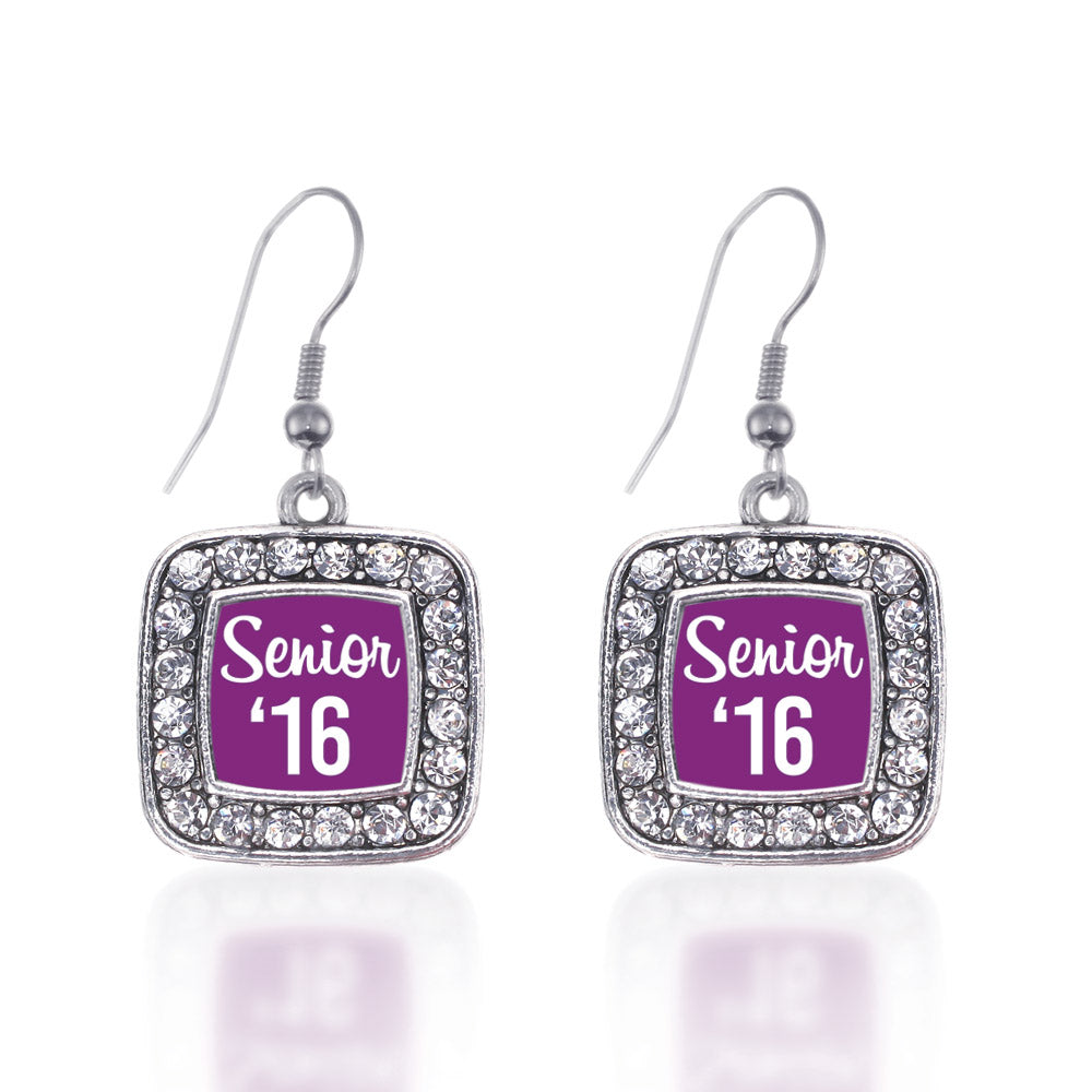 Silver Purple Senior '16 Square Charm Dangle Earrings