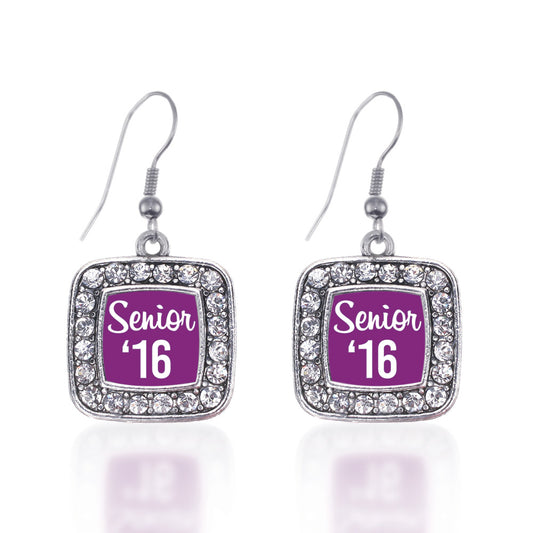 Silver Purple Senior '16 Square Charm Dangle Earrings