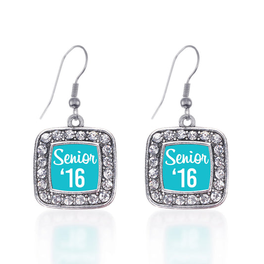 Silver Teal Senior '16 Square Charm Dangle Earrings